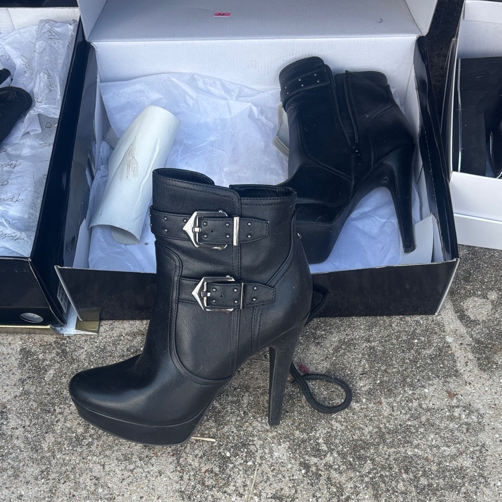 G by Guess Black Heeled Boots with Silver Buckles